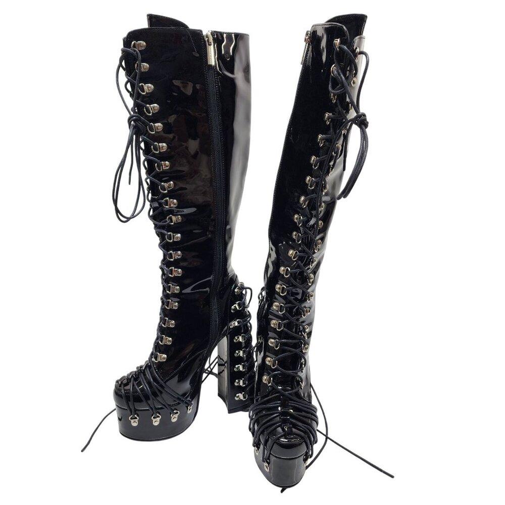 Black Leather Knee-High Lace-Up Platform Boots 6 Frankie Hsu Gothic side Zipper - Picture 5 of 9
